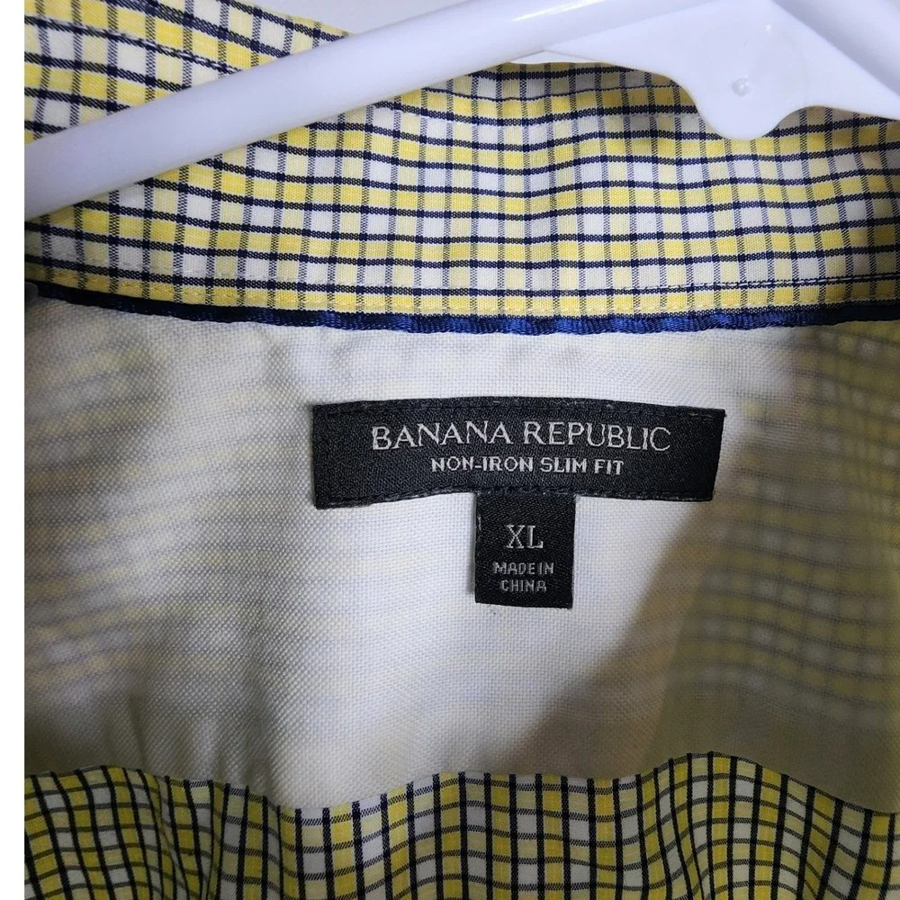 Banana Republic Non-Iron Slim Fit‎ Shirt Mens XL Yellow Navy Blue Micro Check LS